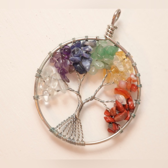 Tree Of Life Chakra Colorful Stone Chip Pendant with Leather Cord - Picture 7 of 8